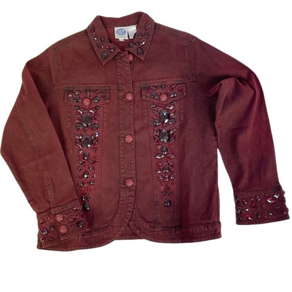 Vintage DG2 by Diane Gilman bejeweled red denim jacket women’s size Medi…